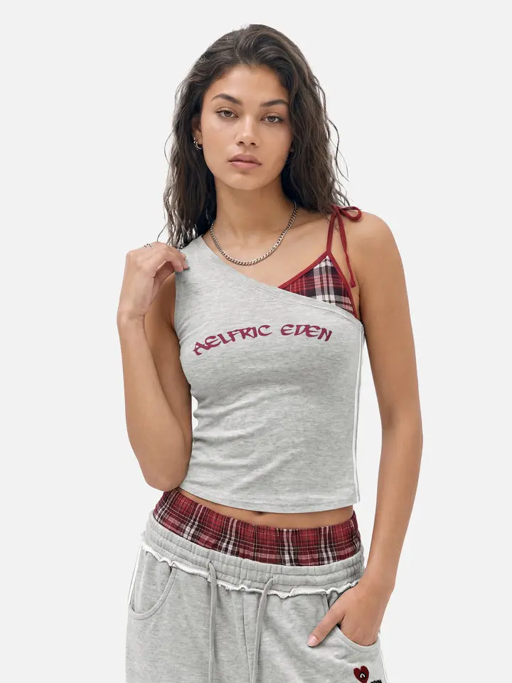 Aelfric Eden Plaid Layered Cami Top Asymmetric One-Shoulder Design Fake Two-Piece Plaid Inner Layer Gothic Brand Letter Embroidery Cropped Slim Fit Soft Fabric Y2K Streetwear Women's Top,clothes for back to school,first day of school outfits