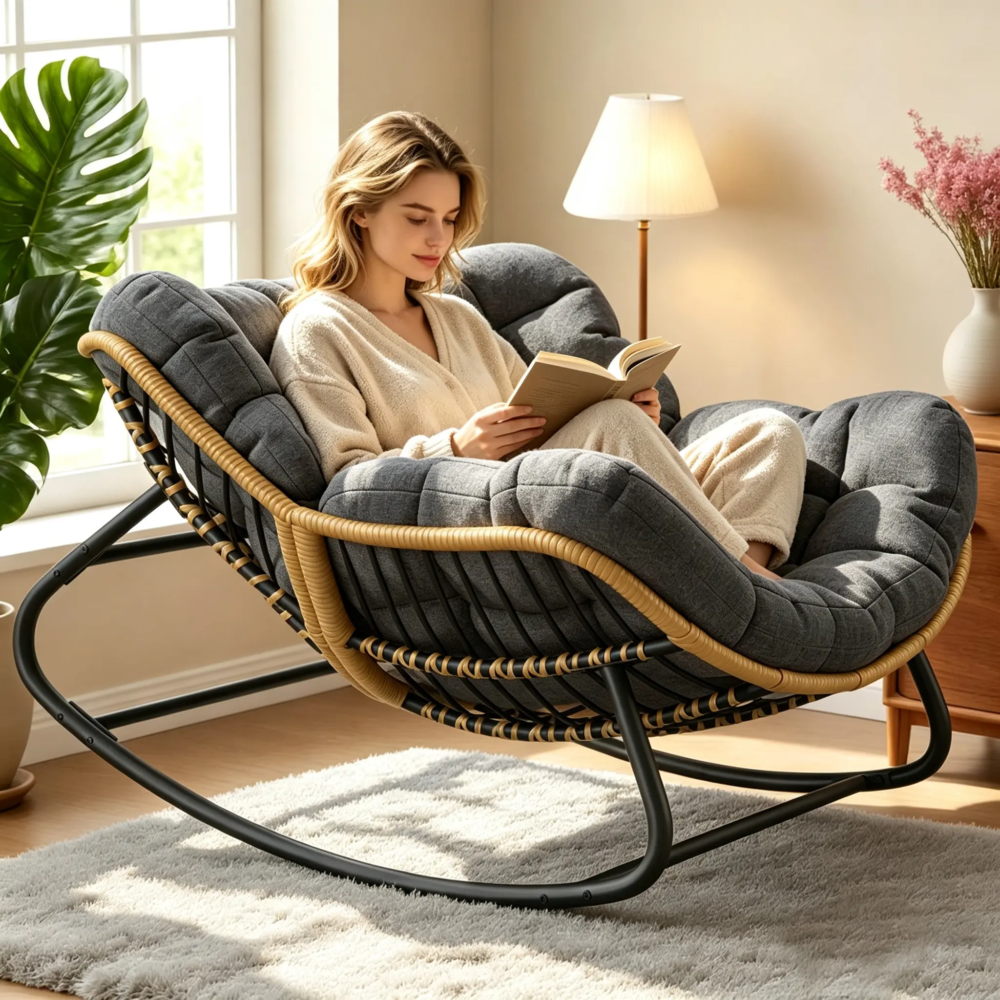 Dark Grey Oversized Papasan Rocking Chair with Padded Cushion - All-Weather Wicker Rattan Lounge Chair for Indoor, Balcony, Living Room
