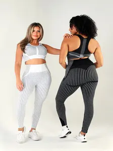 Women's Leggings and Top Set with Stripes - Yoga Gym Exercise Set, 74% Nylon, 16% Polyester, 10% Elastane, Comfortable Fit