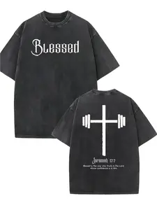 Men'S Heavyweight 230g Retro Washed T-Shirt | Black Religious Pattern Print with Blessing Text and Cross Design, Street Style, Suitable for Church, Daily Wear | Breathable Summer Casual Top, Retro Distressed Ef men  clothing