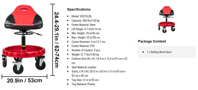 VEVOR Rolling Gear Seat, TikTokShopBlackFriday, 300LBS Capacity, 18"-23" Height Adjustable, Mobile Mechanic Garage Stool with Tool Tray and 5" Casters, Pneumatic Stool for Workshop, Garage, Auto Repair Shop