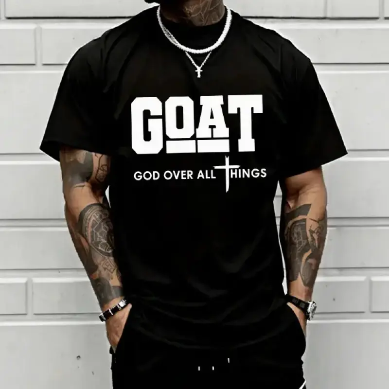 GOAT ("God Over All") graphic T-shirt for men, 100% pure cotton, loose street-style short sleeves-trendy Christian casual top, best-selling faith urban fashion style., Shortsleeve, Menswear, Tshirt, Round Neck tiktokshopspringglowup,summervibes