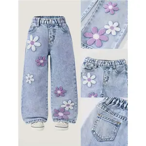 Girls' Sweet Pants with Flower embroidery & elastic waistband - Soft Washed Denim, & Color, Suitable for all-Season Casual Wear,, Outfits for Kids