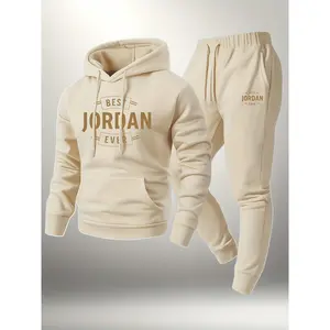Men's Athleisure Suit, Trendy Letter Print Hooded Sweatshirt And Drawstring Stretch Jogging Pants, Suitable For Daily Outings And Athleisure