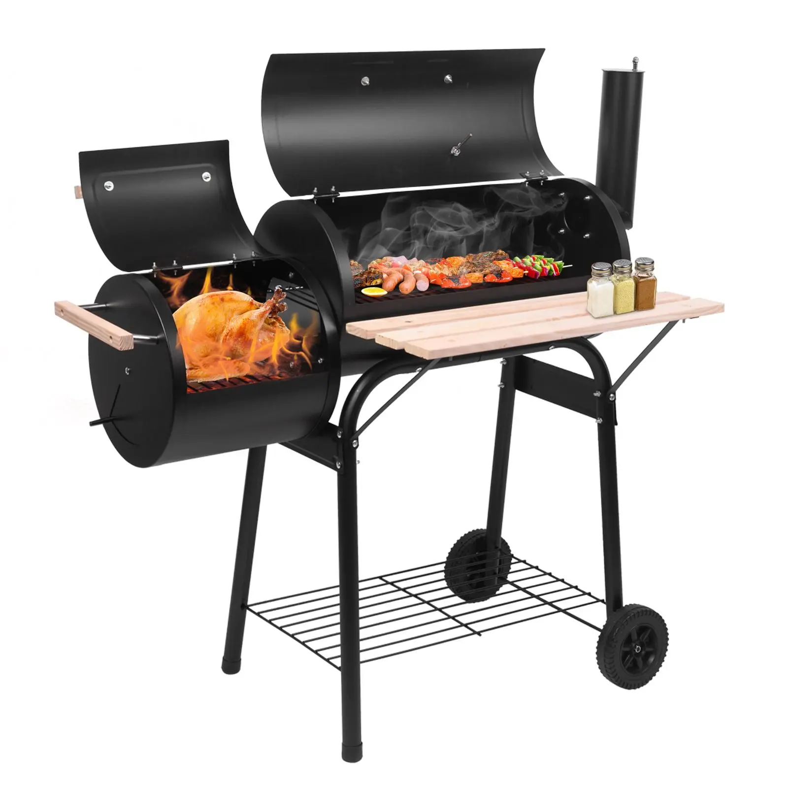 44*25*44in Heavy Duty Offset Smoker Grill, Charcoal BBQ Smoker with Side Firebox, Built-in Thermometer, Adjustable Damper, Front Wood Shelf and Wheels for Backyard Outdoor Cooking