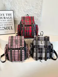 High-Quality Plaid Backpack, Rivet + Cross Design, Punk Style, Casual All-Season Bag, Perfect for Students and Trendy