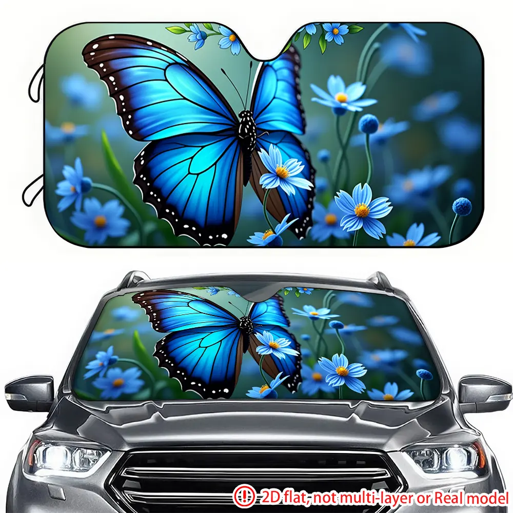 1pc Blue Sparkling Butterfly and Blue Daisy Car Sunshade 2D HD Printing, Car Sunshade Effectively Block Sunlight, Suitable for Trucks SUV、 RV front windshield decoration