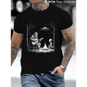 Bigfoot Guitar Tee Campfire Alien Ufo Camping Sasquatch T-Shirt Casual Shortsleeve