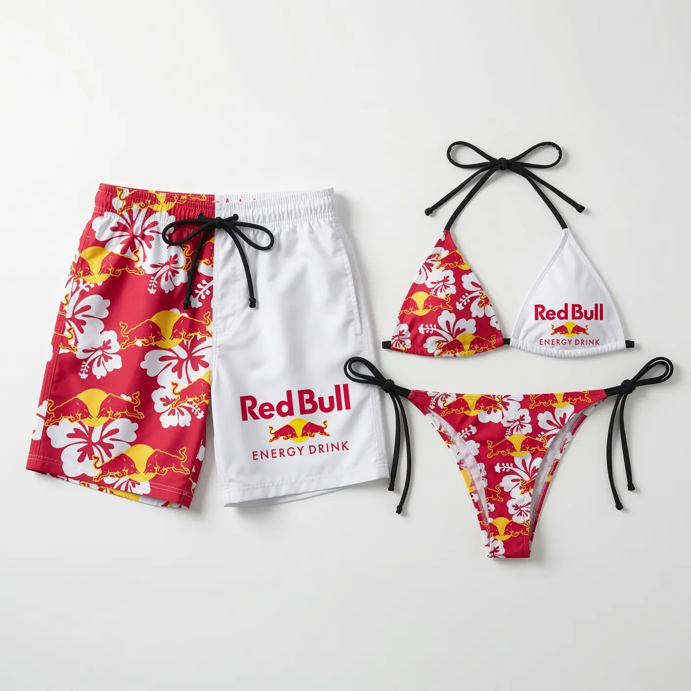 R3D BULL TROPICAL HIBISCUS Matching Couple Swimwear Set, Energy Drink Logo String Bikini and Hawaiian Shorts for Women Men, His and Hers Summer Beach Vacation Pool Party Outfit Gift