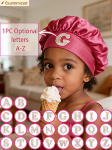 1pc Children's A-Z Letter Elastic Wide Brim Satin Sleep Cap, Elastic Hat For Hair Protection, Ultra Soft Breathable Design With Anti-Slip Lining