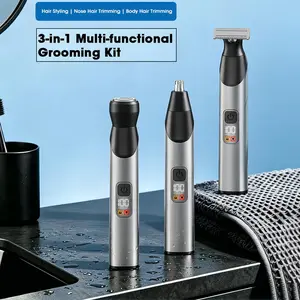 Men's 3-in-1 Grooming Kit, Rechargeable Electric Shaver Nose Hair Trimmer Precision Beard Trimmer, Portable Body Groomer with LED Display, Cordless Hair Clipper for Men