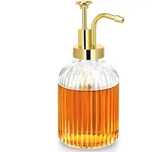 10oz Glass Coffee Syrup Dispenser, Syrup Bottles with Ribbed Design, Gold Syrup Pump, Honey Dispenser, Perfect Coffee Bar Accessories