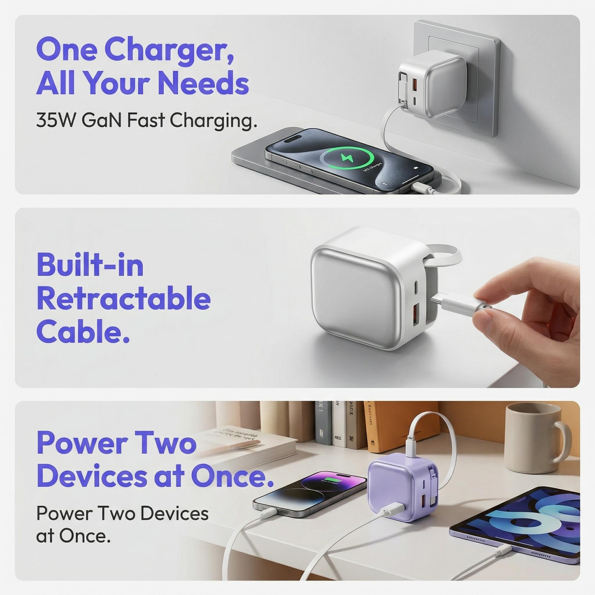 Retractable Gan Wall Charger Plug, usb c cable,Fast Charging forDual-Device Simultaneous Charging, Compact Device, Wireless Earphones, Bluetooth Speaker, Headphones, Mobile Phone, Travel, Lightening-MM