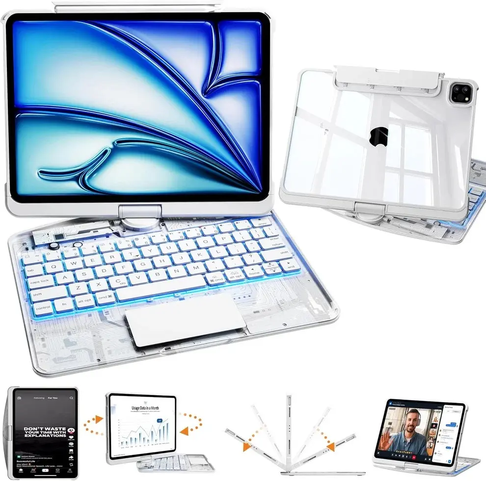 iFacemall Transparent Y2K iPad Magic Case (11 inch ) ipad pro (2018-2022) and ipad Air4/5/6/7/8-360° Rotating Multi-TouchTrackpad, RGB Backlit Keyboard, Transparent Back, PencilHolder, Type-C Charging