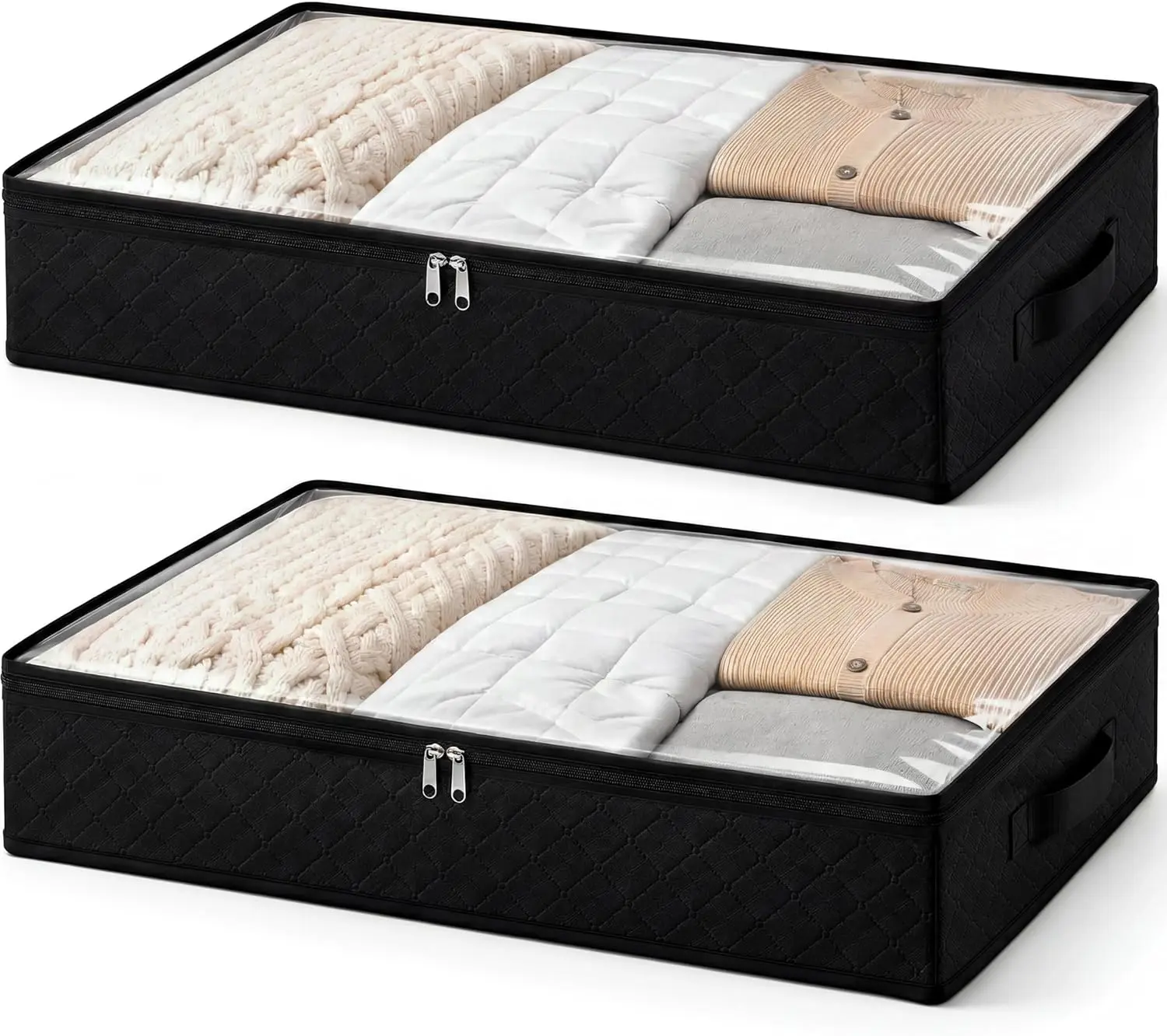 Black Underbed Storage Bags with Clear Window and 2 Reinforced Handles Under Bed Storage Containers for Clothing, Bedding, Comforter (2 Pack)