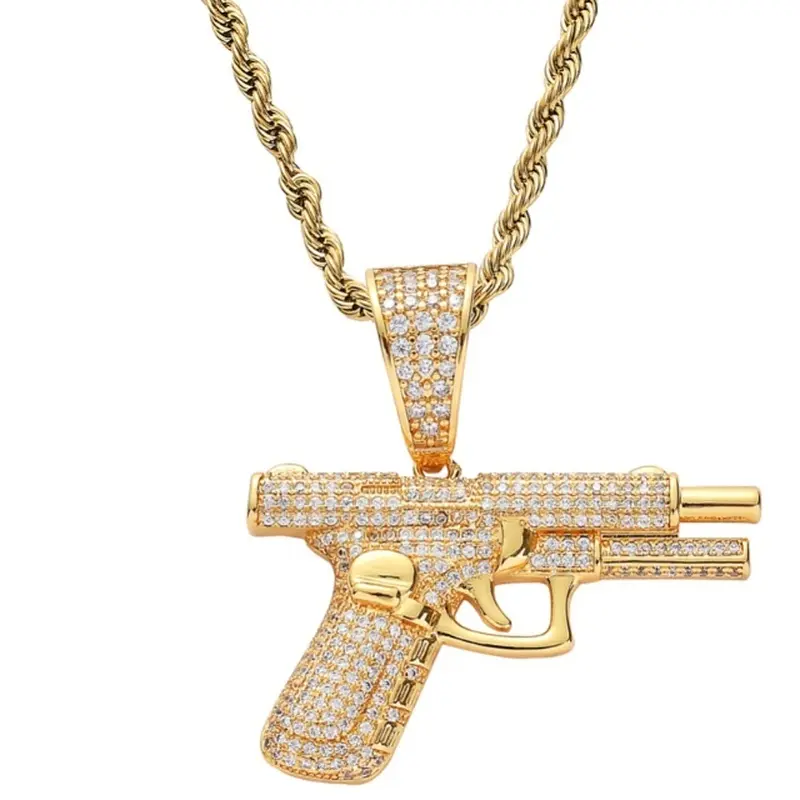 Men's Hip Hop Pistol Pendant Necklace, Golden-Tone Alloy Statement Jewelry with Gemstone Accents and Metal Detailing, Metal Detailing Necklaces, Bold Statement, Male, Gun Shape, Metal Alloy