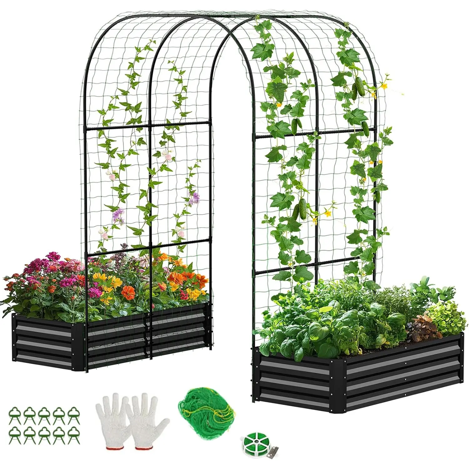 ABORON 3-in-1 Galvanized Raised Garden Bed with 87in Tall Arch Trellis for Vertical Gardening, Gourds, Grapes, Cucumbers – Outdoor Planter Box for Home Improvement Gardening Needs, Climbing sohochic