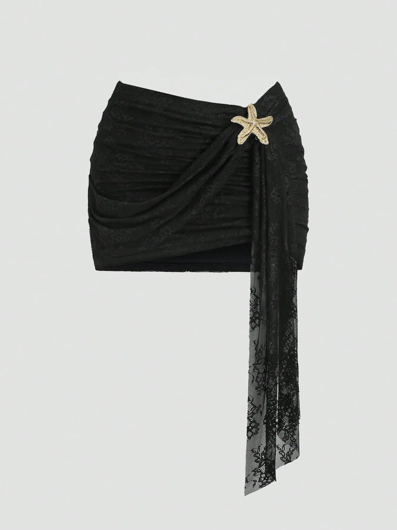 Women's Solid Color Floral Lace Mini Skirt, Fit, High Waist, Ruched Wrap Front, Starfish Embellishment, Asymmetric Lace Draped Sash, Fully Lined, Stretchy Breathable Fabric, Plain Color Skirt