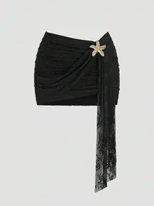 Women's Solid Color Floral Lace Mini Skirt, High Waist, Ruched Wrap Front, Starfish Embellishment, Asymmetric Lace Draped Sash, Fully Lined, Stretchy Breathable Fabric, Beach Vacation, Date Night & Clubwear, Sexy Y2K Edgy Vacation Style, Womenswear