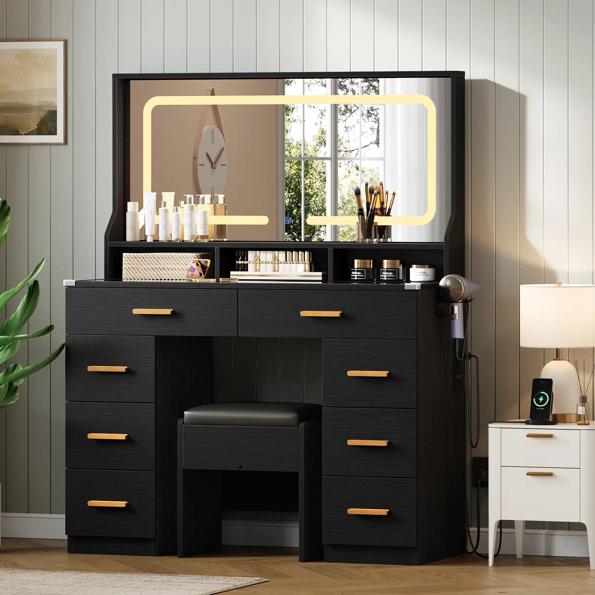 42″ Makeup Vanity Desk with LED Mirror & Charging Station, Dressing Table with Cushioned Stool, Glass Top, 8 Drawers & Hairdryer Rack – for Modern Bedroom, Dressing Room