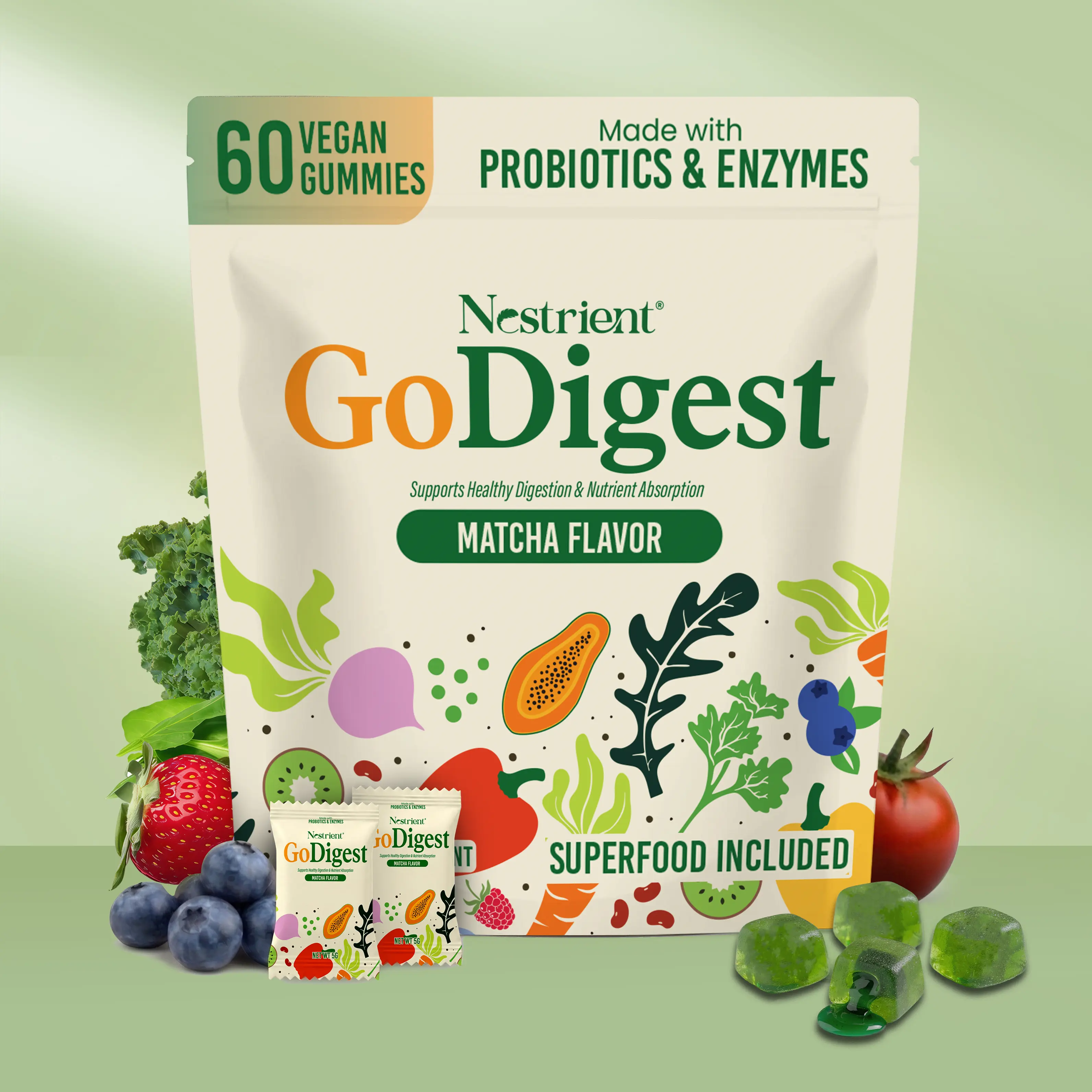 GoDigest Digestive Enzymes + Probiotics + Fiber Gummies (1B+ CFU) – Matcha Flavor Gummies with Superfoods + Vitamins, Post-Meal Comfort for Men & Women, Gut Health Support, Bloating Relief, Digestive Support, Gut Balance, Healthy Digestion, Daily Wellness