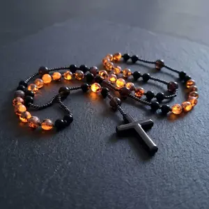Natural Obsidian Yooperlite Rosary Necklace UV Reactive Protection Necklace Hematite Stone Cross Pendant Necklace Gift for her, gift for him