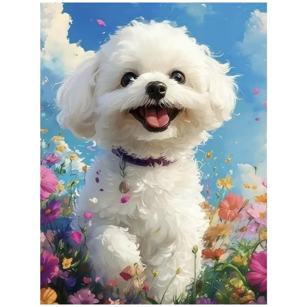 Multiple sizes available including square and round diamonds. This 5D DIY diamond painting set diamond art embroidery kit diamond painting kits handmade furniture decor holiday birthday art personalized gift. Happy Bichon Frise in flower field wall art