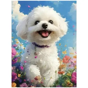 Multiple sizes available including square and round diamonds. This 5D DIY diamond painting set diamond art embroidery kit diamond painting kits handmade furniture decor holiday birthday art personalized gift. Happy Bichon Frise in flower field wall art