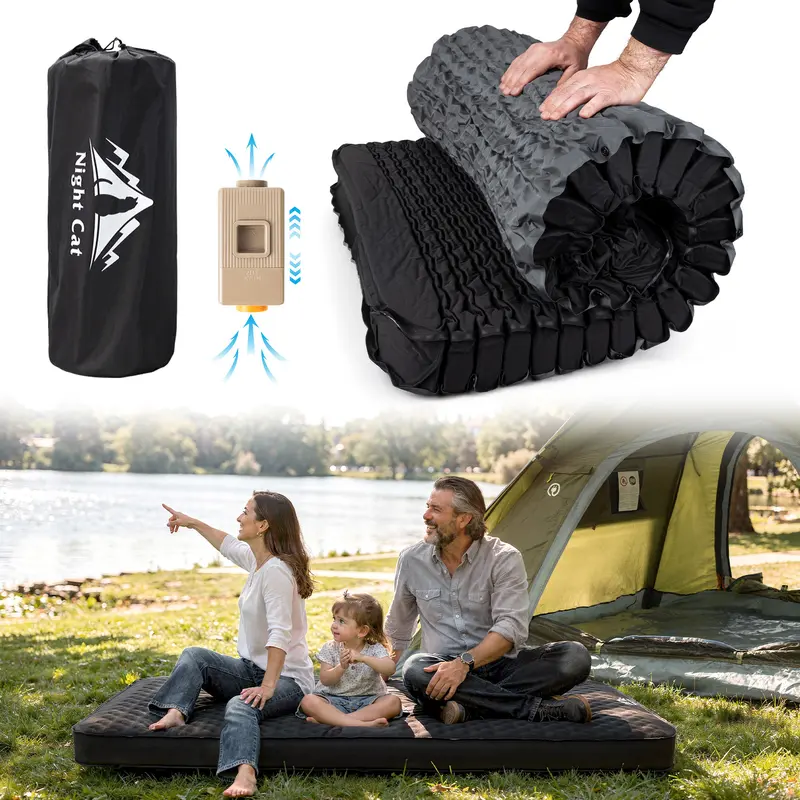 Night Cat 79x30x4" Rectangular Single-Person Portable Inflating Bed - Built-in USB Charging Electric Pump, Noise-Free Foam Foldable Sleeping Mat, Travel Mattress for Hiking, Outdoor Camping