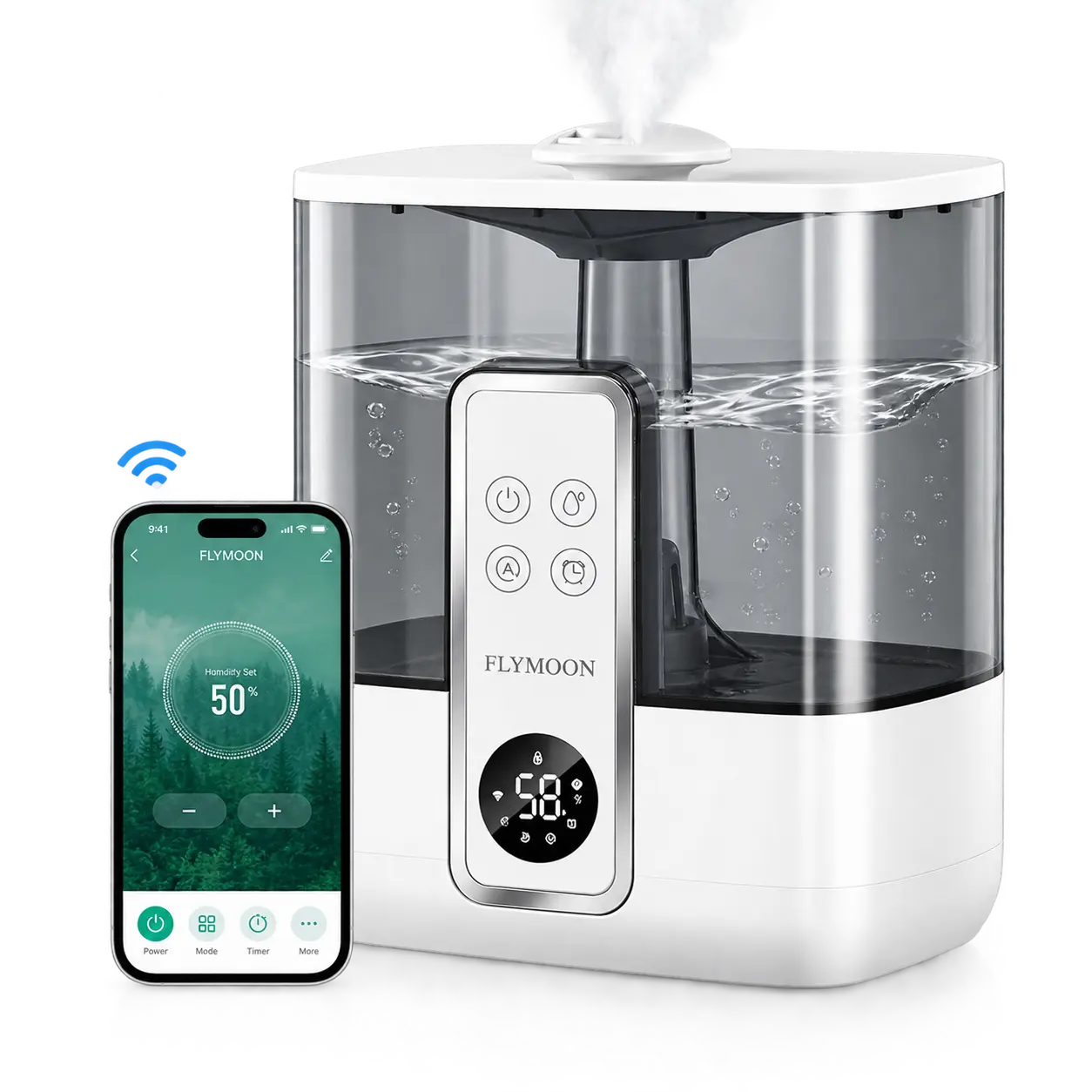 Flymoon 5L (1.32 gal) Compact Ultrasonic Adjustable Airflow Smart Humidifier - Silent 28dB Cool Mist, WiFi Remote Control, Touch Screen, Top Fill, 3 Mist Levels, 12H Timer, Washable, Baby-Friendly Bedroom Use, Humidity Adjustment