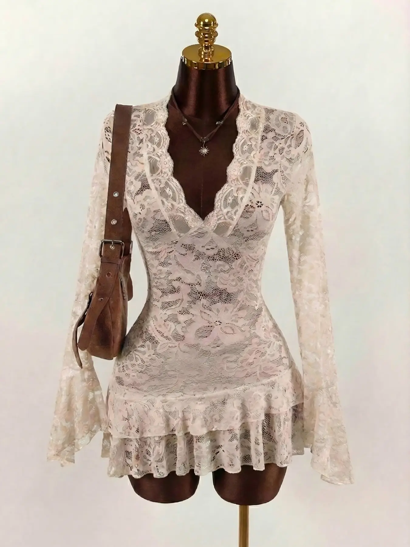 Lace Floral Deep V Dress, Long Sleeve, Show Chest and Waist, Sexy Short Skirt, Perfect for Party and Date, Lightly Mature Style, Feminine Elegance