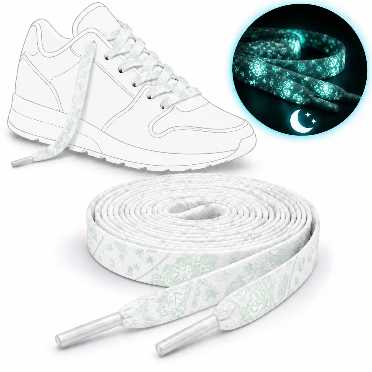 YouthTempt Flat White Paisley Glow-in-the-Dark Shoelaces, Luminous Patterned Shoe Accessories