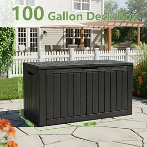 100 Gallon Resin Deck Box – Waterproof, Weather Resistant & Lockable – Imitation Wood Finish, UV-Resistant – Indoor/Outdoor Storage for Patio Cushions, Garden Tools, Pool Accessories – Storage Bench for Backyard & Deck