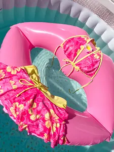 Pink 1960s Tropical Floral Print Tie-Front Layered Hawaii Bikini Set