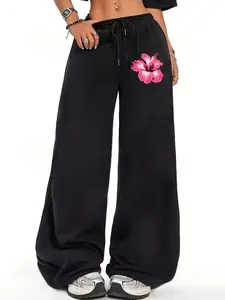 Women's Hibiscus Flower Graphic Wide Leg Sweatpants, Y2K Baggy High Waisted Lounge Pants, Soft Cotton Blend Tropical Vacation Streetwear Trousers, Black, Womenswear