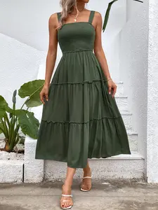 Women's Frill Trim Ruffle Hem Shirred Backless Fitted Sundress Cami Dress, Sleeveless A Line Long Dress, Women's Clothing for Summer Beach Holiday, Boho Vibe Clothes Women, Vintage Girly Clothes, Womenswear, Bohemian Casual Wear