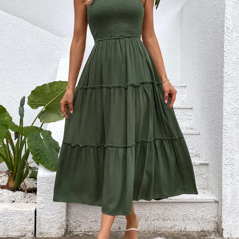 Women's Frill Trim Ruffle Hem Shirred Backless Fitted Sundress, Boho Sundresses, Cami Dress, Sleeveless A Line Long Dress, Summer Beach Holiday, Boho Casual Wear