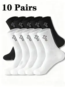 Men Women High-Waisted Breathable Sports Socks, Geometric Cross Design Moisture Wicking Mid-Calf Socks, All-Season Wear Elastic Socks, Sports Running Socks