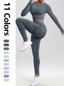 women's solid tracksuit set, long sleeve round neck crop top & high waist leggings set, summer outfits 2024, fashion comfy ladies clothes set for running gym