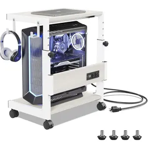 Computer Tower Stand with Charge Station and USB Charging Port, Height Adjustable Under Desk CPU Holder Cart with Locking Caster Wheels Fits Most PC