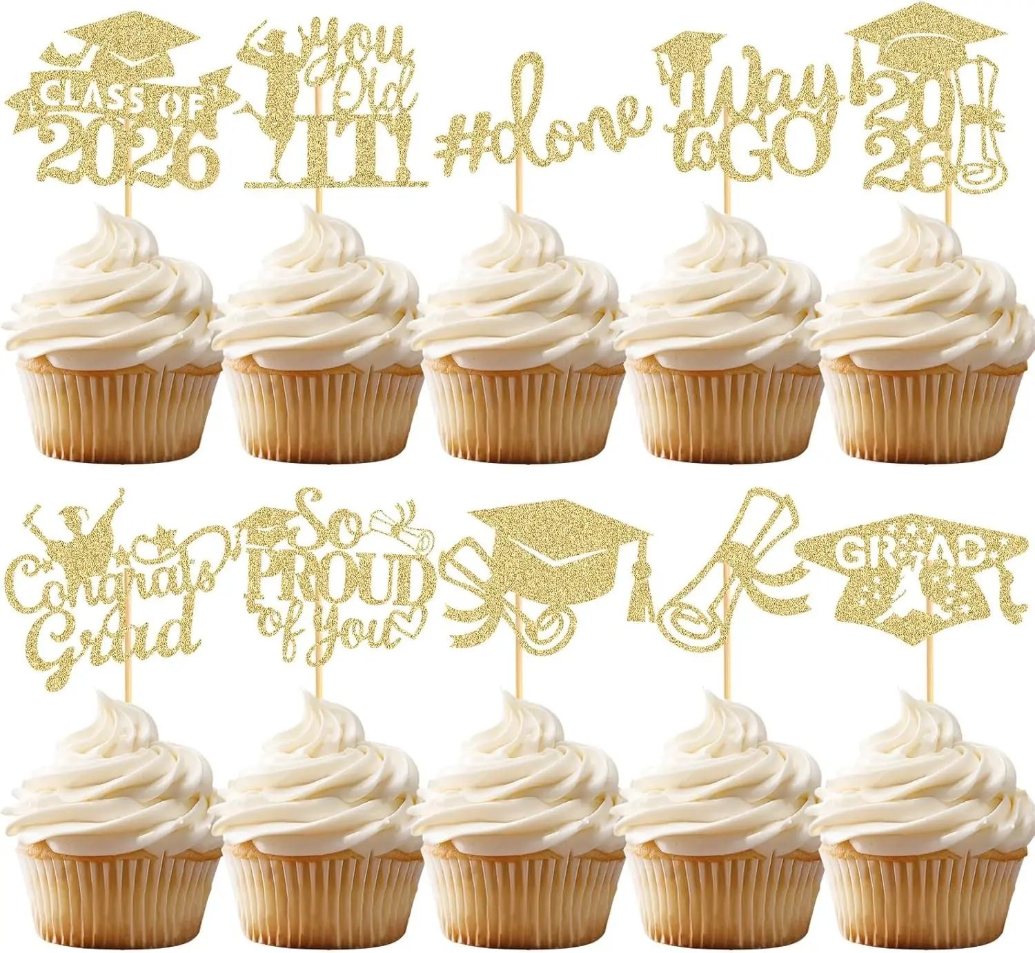 60 Pcs Graduation Cupcake Toppers,Glitter Class of 2026 Cupcake Toppers Grad Cap Cake Toppers Picks 2026 Graduation Party Supplies,Gold
