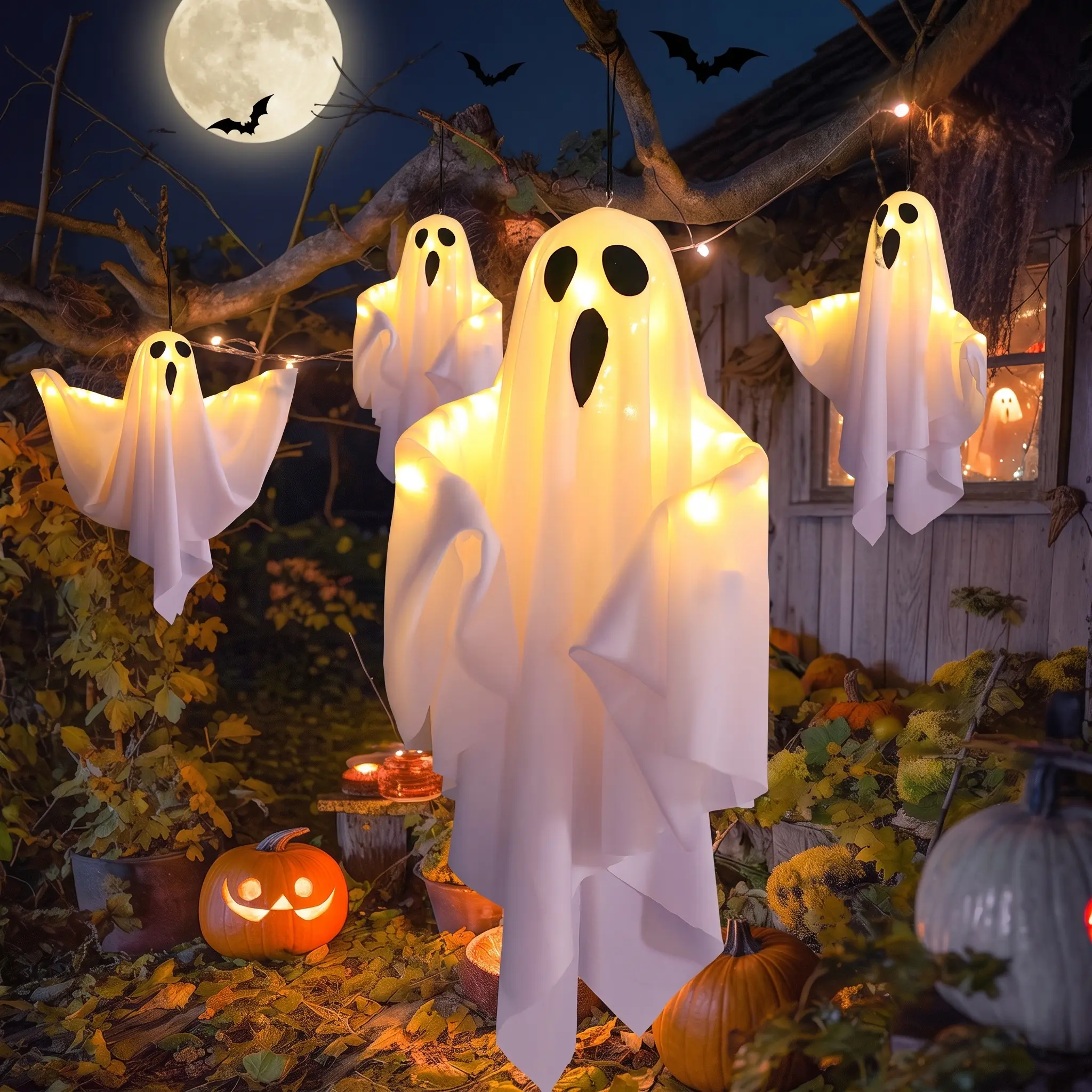 19.7 Inch Light Up Hanging Ghost Halloween Decoration, Battery Powered LED Ghost with 3 Lighting Modes & Poseable Arms, 50 x 40 cm White Floating Ghost Decor for Porch, Window, Indoor Party & Home
