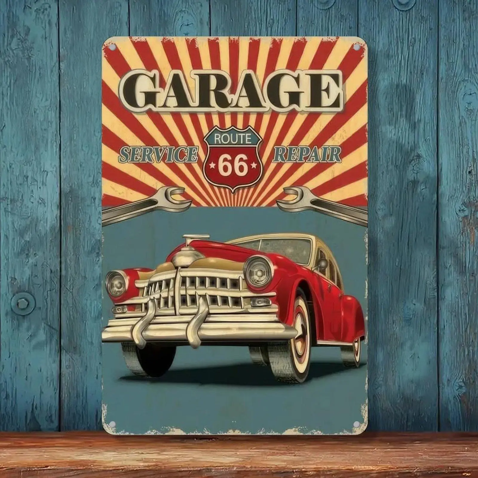 Retro Iron Route 66 Garage Service Repair Sunburst Tin Sign, 8x12in Classic Old Car Mechanic Decor for Man Cave Garage Wall Plaques & Signs