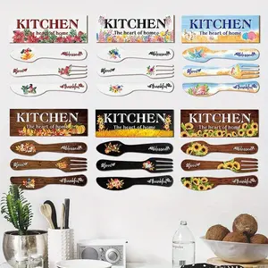 4-Piece Kitchen Wall Decor Set, Home Wooden Eat Fork and Knife Hangings, Ideal for Kitchen and Dining Room Decoration