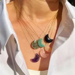 Crescent Reiki Healing Crystal Necklace Stone Moon Pendant Necklace Natural Stone Quartz Jewelry Gift for Ladies and Girls