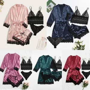 Ladies' lace pajamas, four-piece set, bathrobe, plus-size home wear