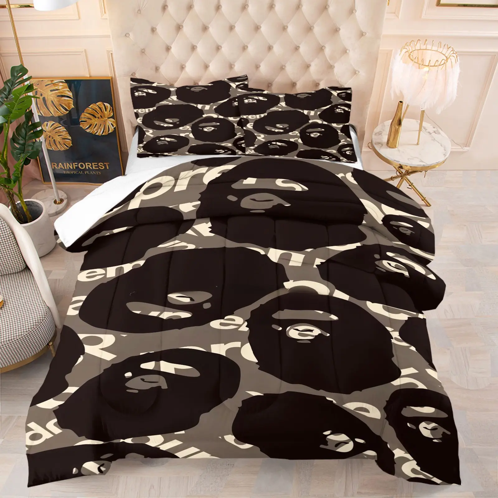Camouflage Ape Head Pattern Decorative Bedding Set, Bed Sets, Soft Adult Bedroom Decoration, Suitable for Giving to Friends and Family as Moving and Holiday Gifts, Includes 1 Bed Quilt and 1 or 2 Pillowcases Without Pillow Core, Cozy Bedding Set