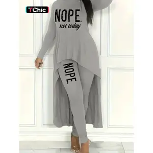 Women's Slogan Print Asymmetrical Hem Long Sleeve Round Neck Jersey Tee & Letter Print Comfy Pants Set, Casual Fashion Tight Sleeve Crew Neck Printed T-shirt & Trousers for Daily Wear, Ladies Spring & Fall Fit Clothes