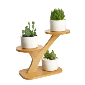 3-Tier Bamboo Succulent Planter Set - Aesthetic Desk Plant Stand Gift with 3 Ceramic Pots