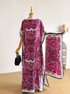 Women's Elegant Baroque Print Robe Set, Long Dress + Headscarf Scarf Hairband, Beach Sun Protection Satin Silk Shawl, All Seasons